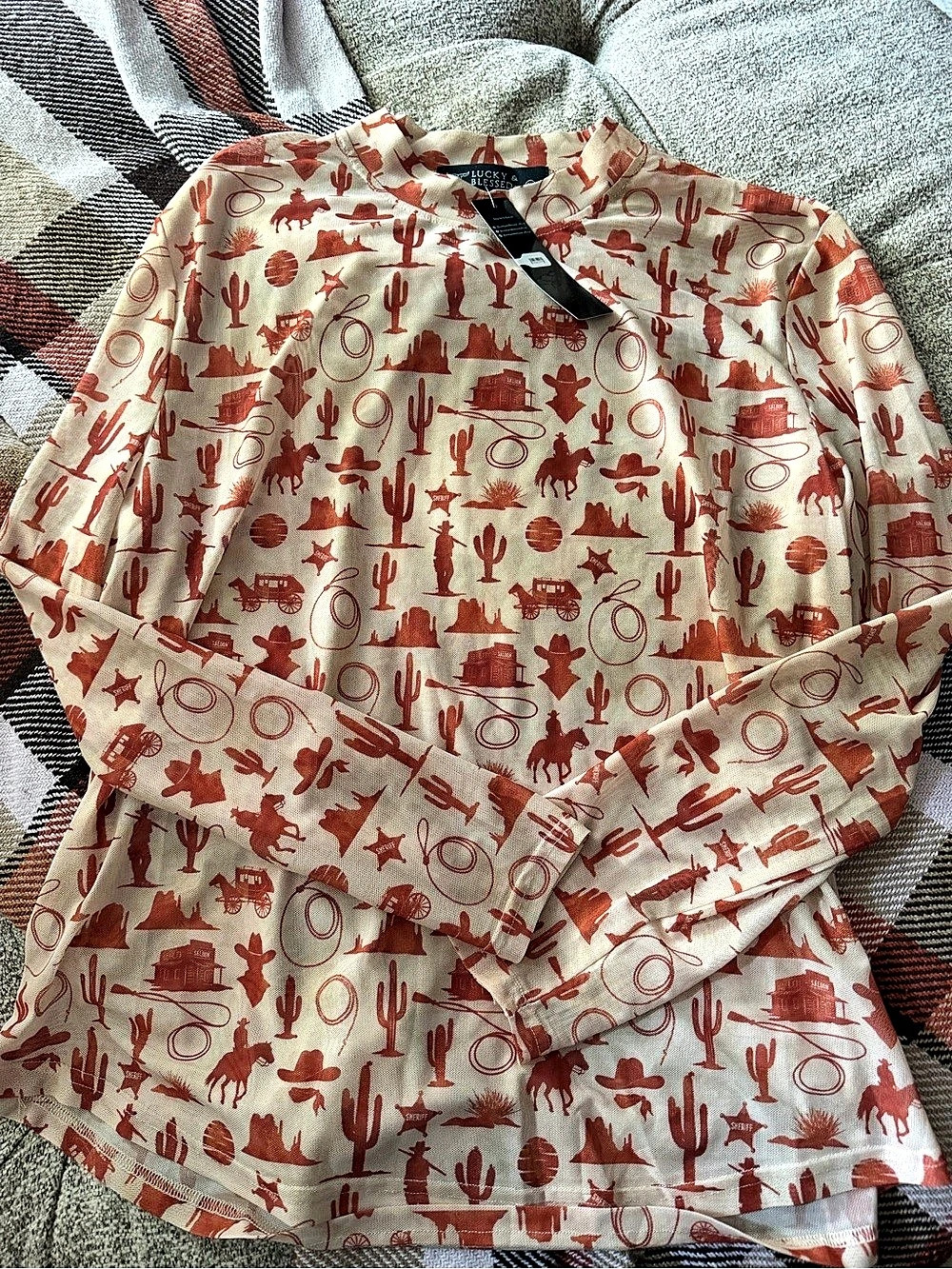 Lucky Blessed Western Print mesh Long Sleeve Top Cream & Red 2XL